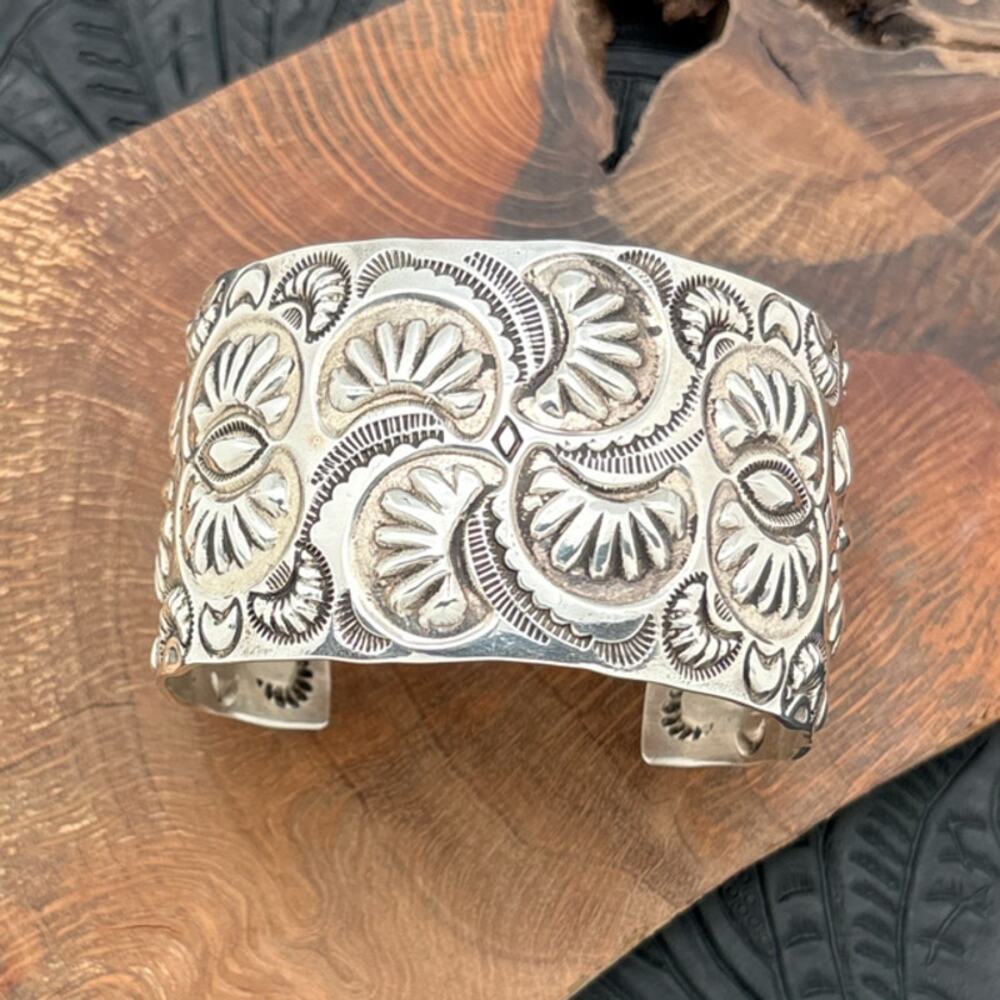 CODY WILLIE Navajo Sterling Silver Statement Cuff Bracelet Repousse Crescents